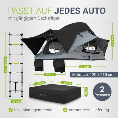 Juskys Autodachzelt Lago - Robuste Konstruktion, wasserabweisend & UV-Schutz, Autodachzelt, Camping, LED-Beleuchtung